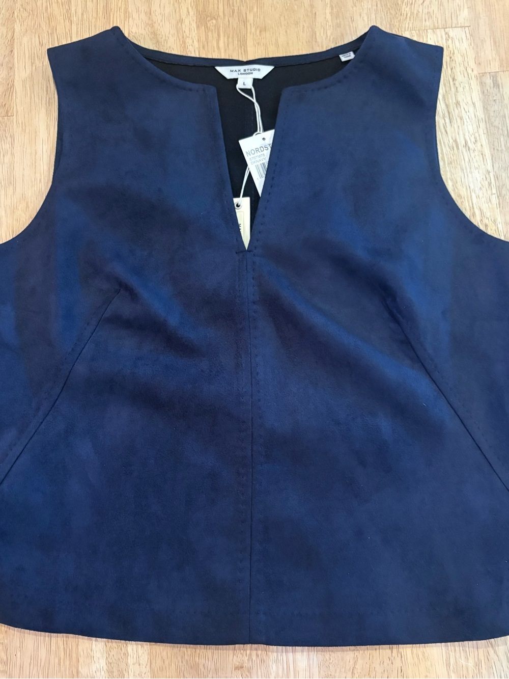 Max Studio Navy Sleeveless Suede Vest with V-Notch